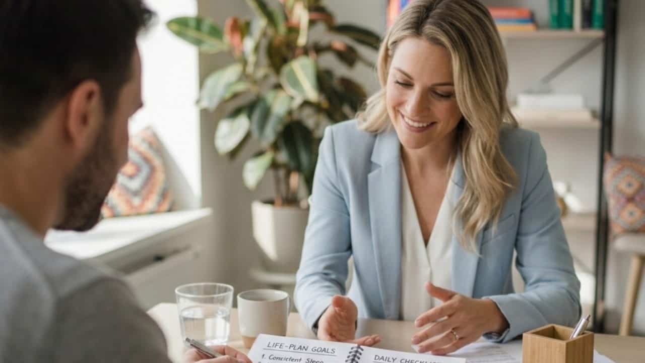 Gezondheidscoach bespreekt persoonlijk leefstijlplan met cliƫnt tijdens traject