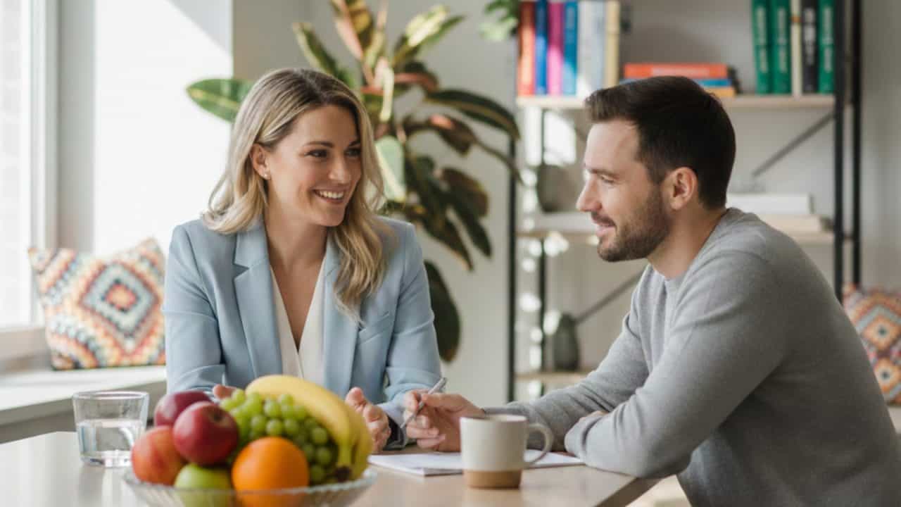 Gezondheidscoach in gesprek met cliƫnt tijdens een leefstijlcoaching sessie aan tafel