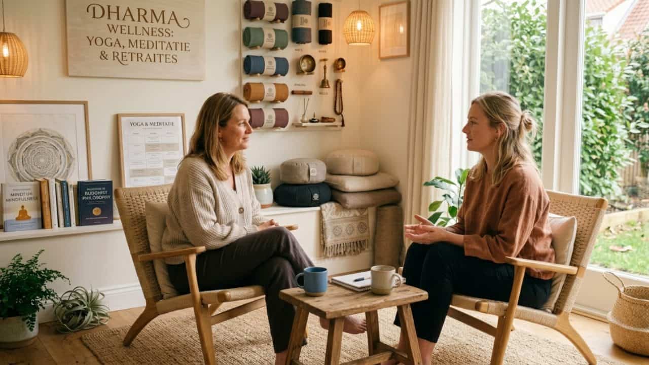 Spirituele coach in gesprek met cliƫnt tijdens een rustige coachingsessie