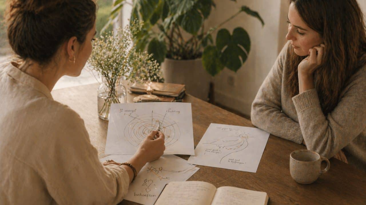 Coach legt met schetsen op papier iets uit terwijl de ander aandachtig luistert, gericht op inzicht en zelfbegrip