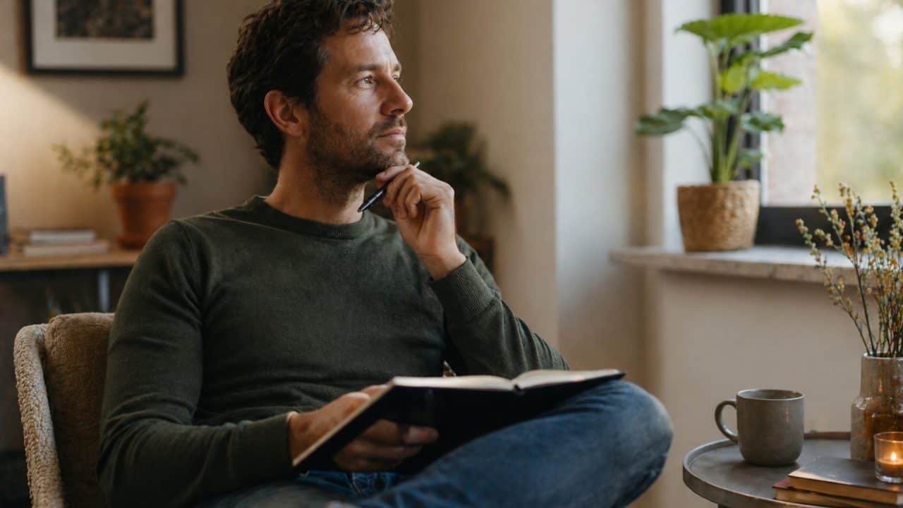 Man zit ontspannen met een notitieboek en reflecteert, symbool voor zelfinzicht en vertrouwen door intuïtieve coaching
