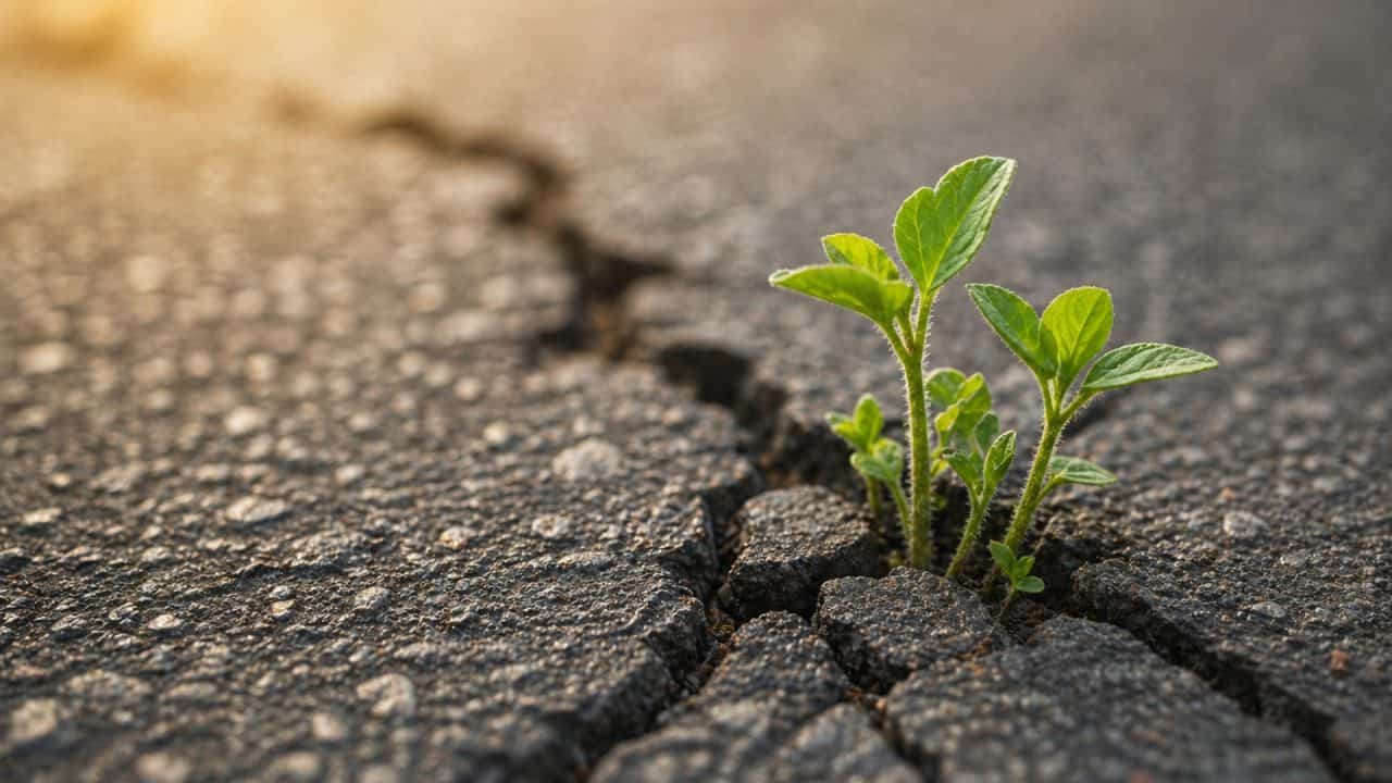Jonge plantjes groeien door scheuren in asfalt als symbool voor persoonlijke groei en ontwikkeling ondanks weerstand