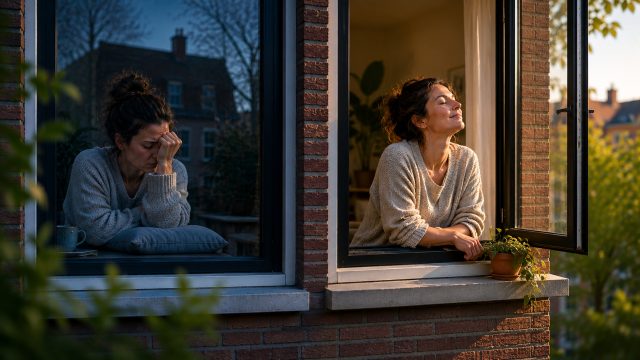Persoon ervaart spanning en ontspanning naast elkaar terwijl frisse lucht en ademhaling symbool staan voor herstel bij angst en stress.