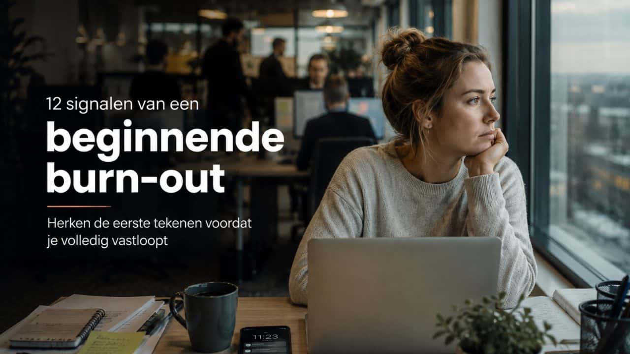 Vermoeide vrouw kijkt tijdens drukke werkdag uit het raam in een open kantoorruimte als signaal van beginnende burn-out