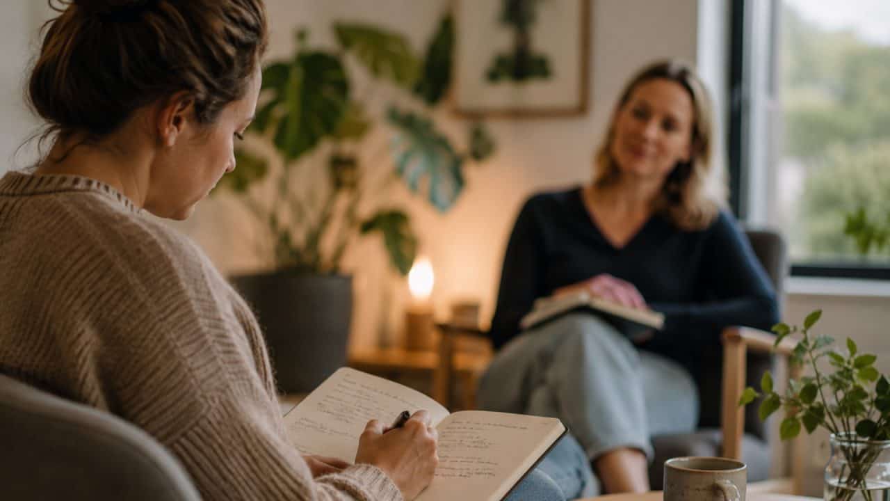 Cliënt schrijft in notitieboek tijdens rustig gesprek met burn-out coach in ontspannen omgeving