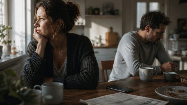 Koppel zit zwijgend tegenover elkaar aan de keukentafel door communicatieproblemen in de relatie
