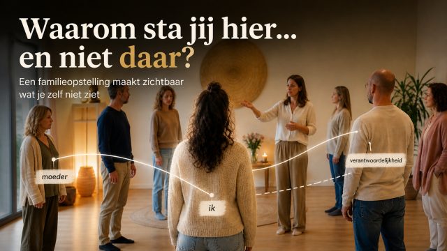 Familieopstelling in groepssessie met coach en deelnemers die op verschillende plekken in de ruimte staan