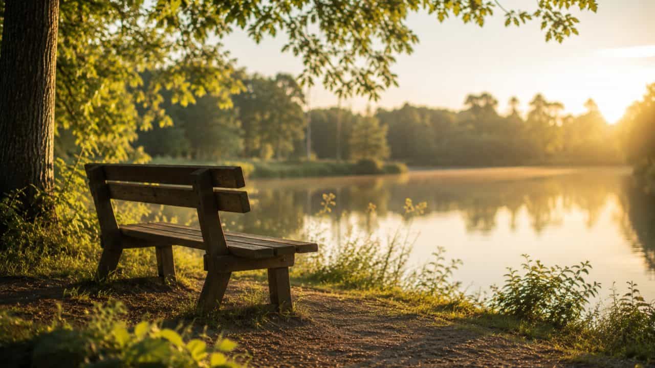 Rustig bankje in een stille natuurlijke omgeving als symbool voor herstel en ontprikkelen bij HSP