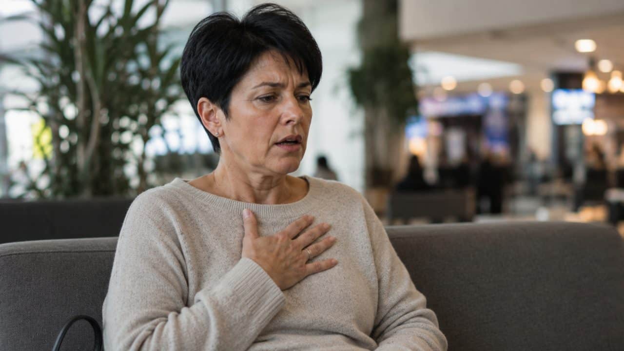 Vrouw van rond de 55 jaar met kort zwart haar die gespannen hoog op de borst ademt op een bank in een openbare ruimte