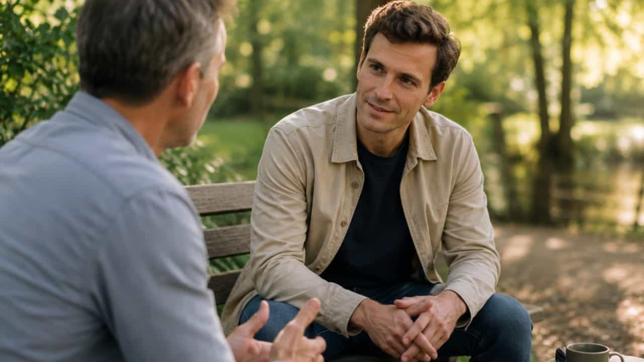 Persoon in gesprek met een HSP-coach op een bankje in een rustige natuurlijke omgeving