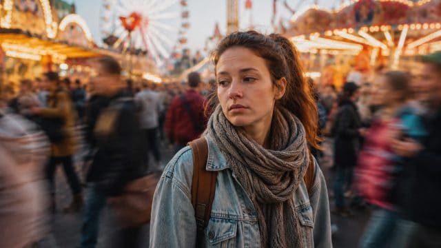 Vrouw staat stil in een druk pretpark terwijl de omgeving vervaagd oogt door overprikkeling en mentale vermoeidheid