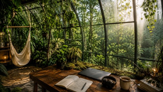 Rustige werkomgeving voor een HSP in een groene serre met natuurlijk licht, focusplek en uitzicht op natuur
