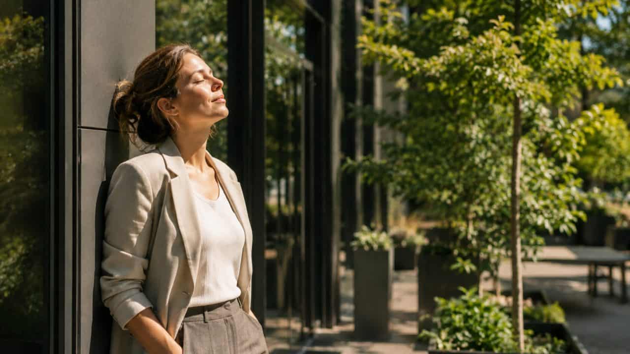 Persoon neemt bewust een rustmoment buiten tussen meetings door om prikkels en werkstress te verminderen