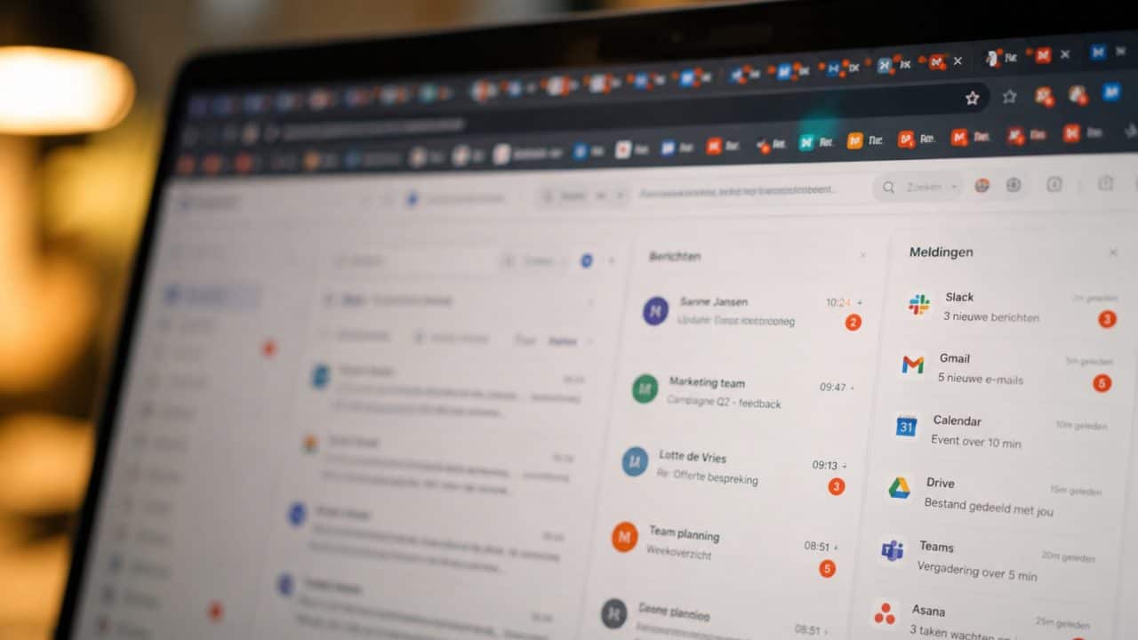 Onscherp laptopscherm met veel browser-tabbladen en meldingen als symbool voor mentale overbelasting en stress