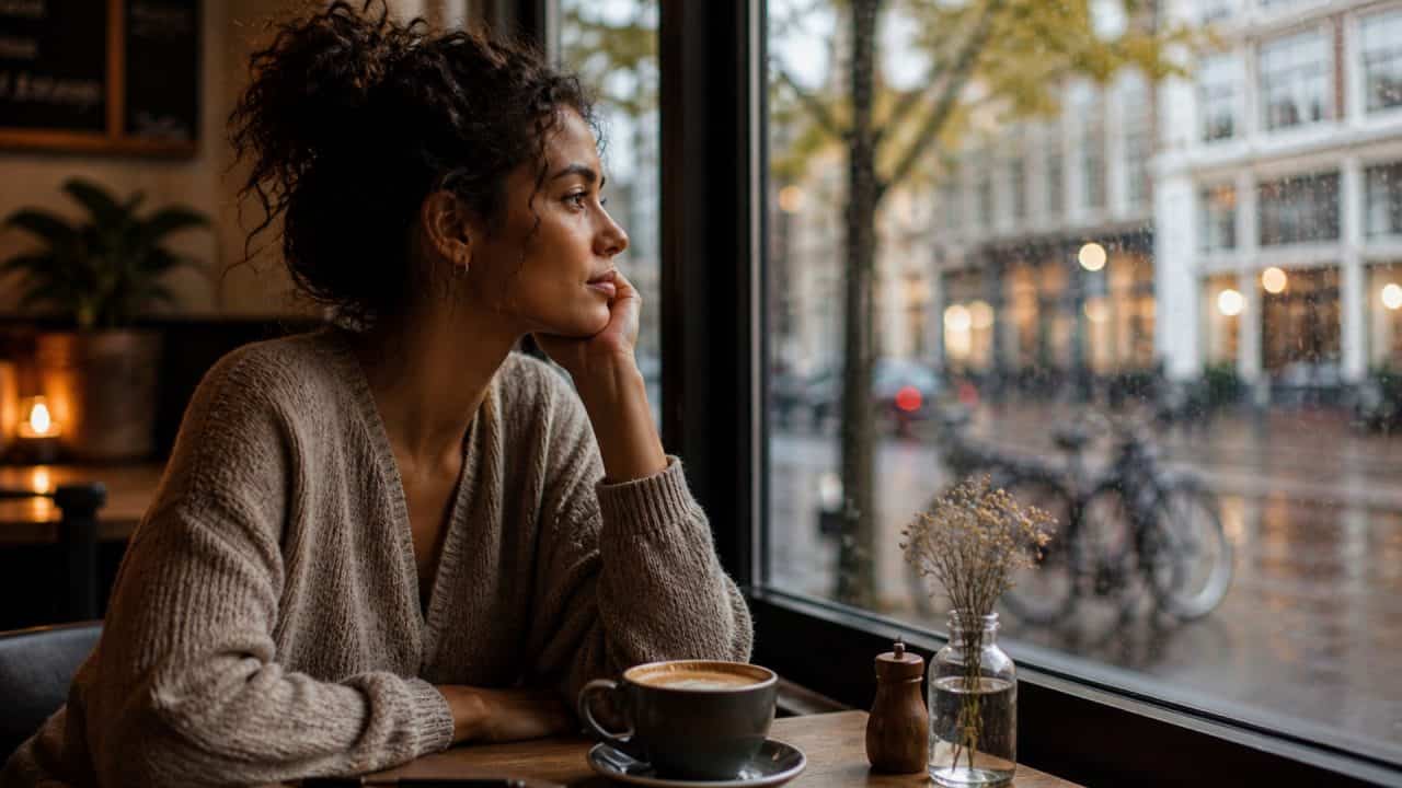 Vrouw zit alleen in een café met koffie en kijkt naar buiten in een rustig reflectief moment