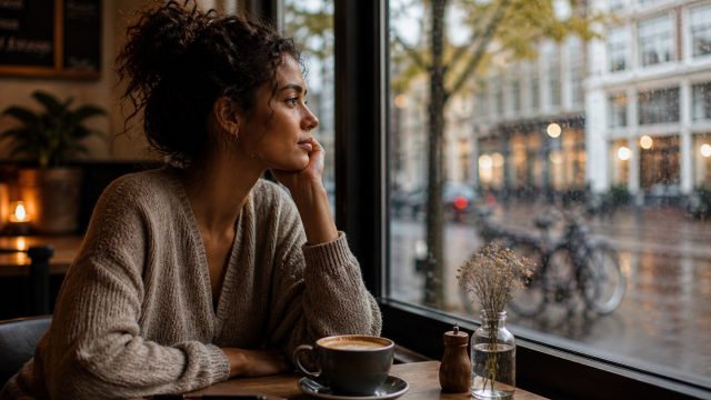 Vrouw zit alleen in een café met koffie en kijkt naar buiten in een rustig reflectief moment