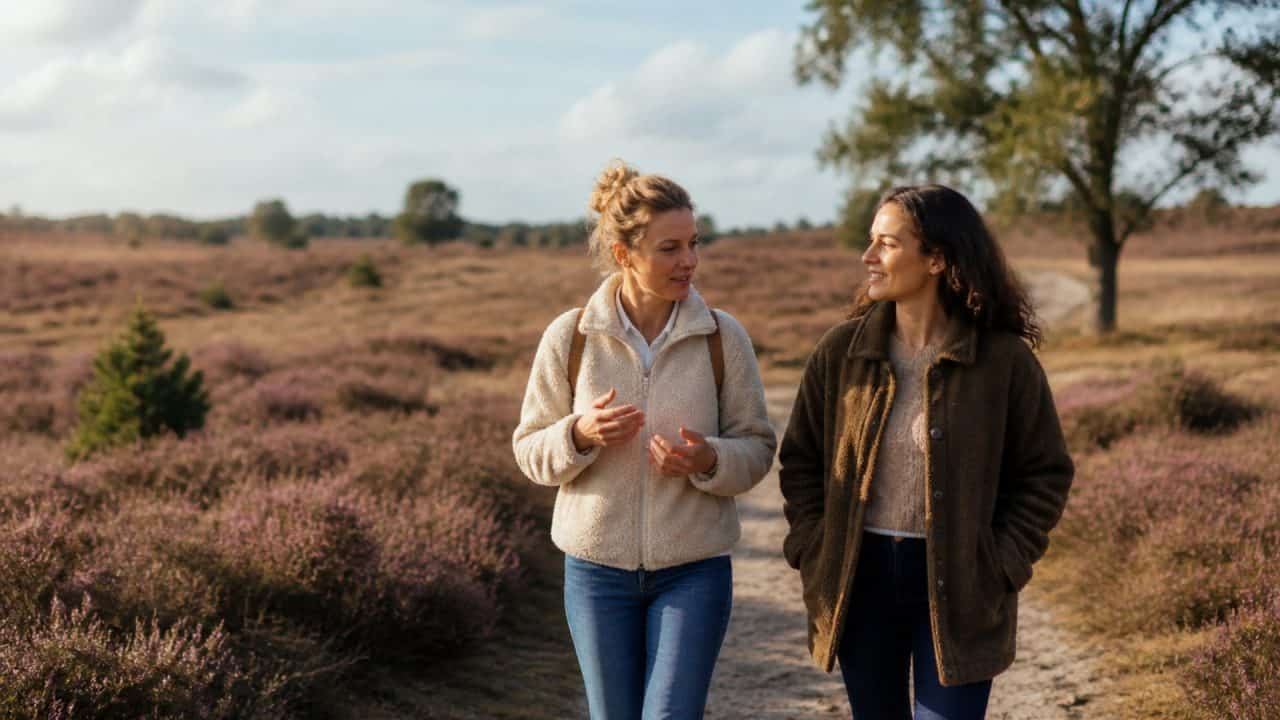 Twee mensen wandelen op de hei en voeren een rustig gesprek naast elkaar zonder in de camera te kijken