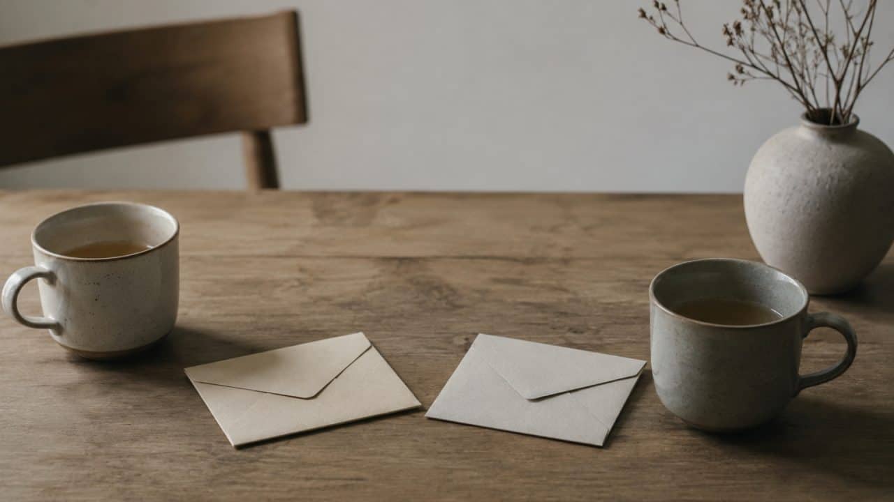 Twee ongeopende brieven naast afgekoelde kopjes thee als symbool voor onuitgesproken gevoelens binnen een relatie
