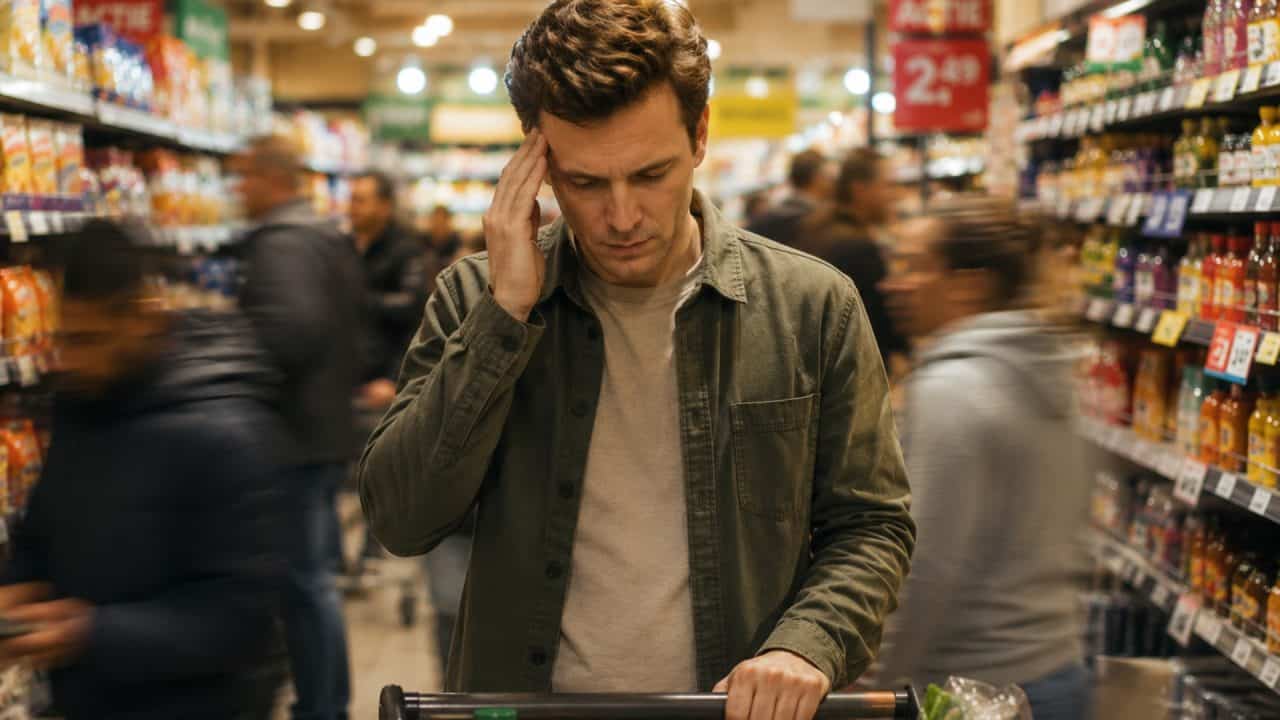 Man van ongeveer 35 jaar raakt overprikkeld in een drukke supermarkt met veel prikkels en beweging om hem heen