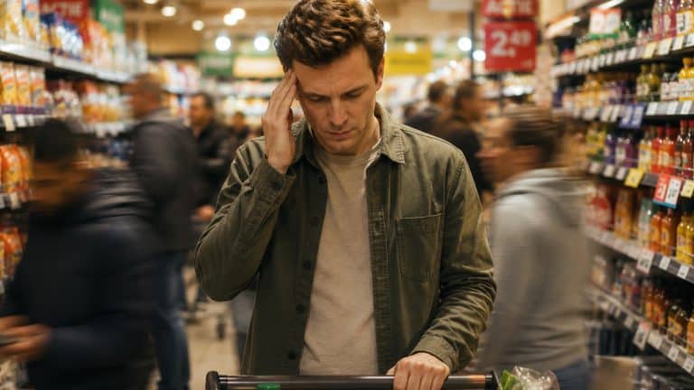 Man van ongeveer 35 jaar raakt overprikkeld in een drukke supermarkt met veel prikkels en beweging om hem heen