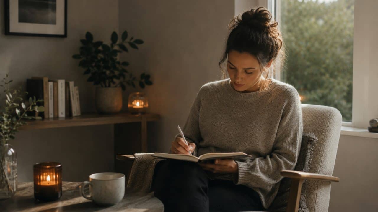 Persoon schrijft inzichten op in een notitieboek na een coachsessie in een rustige en warme ruimte.