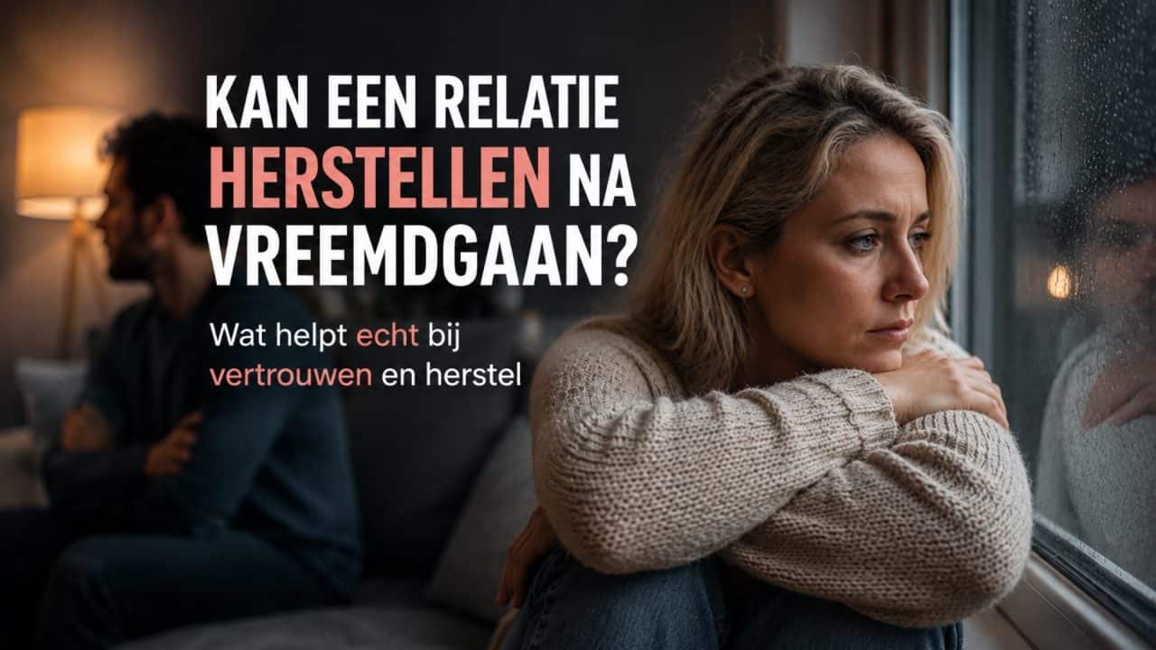 Vrouw kijkt verdrietig uit het raam terwijl haar partner op afstand op de achtergrond zit na een vertrouwensbreuk.