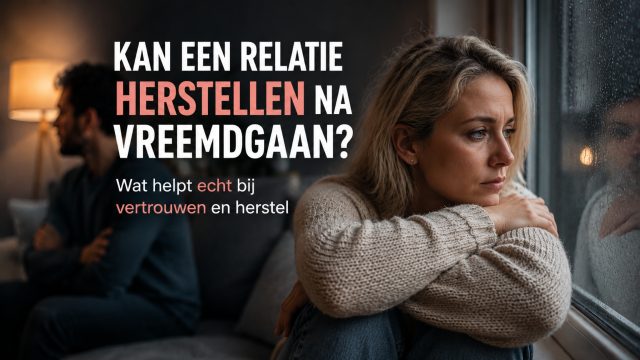 Vrouw kijkt verdrietig uit het raam terwijl haar partner op afstand op de achtergrond zit na een vertrouwensbreuk.