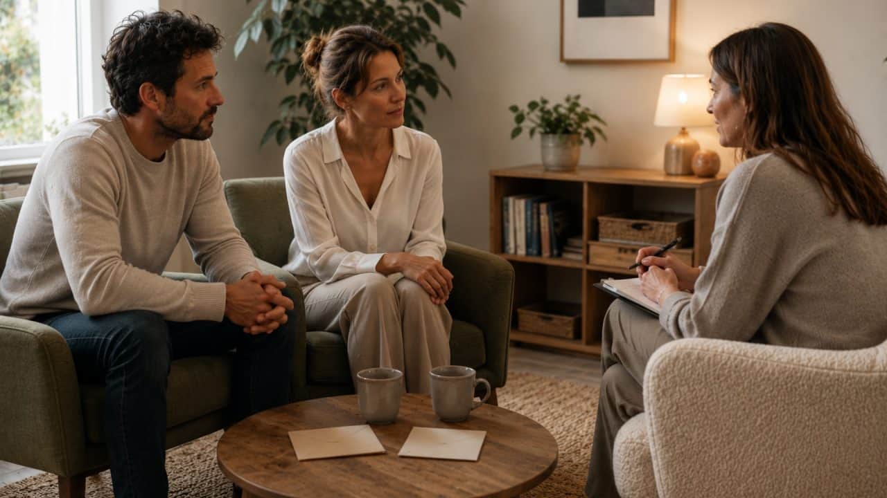 Relatiecoach in gesprek met een stel over communicatieproblemen binnen de relatie