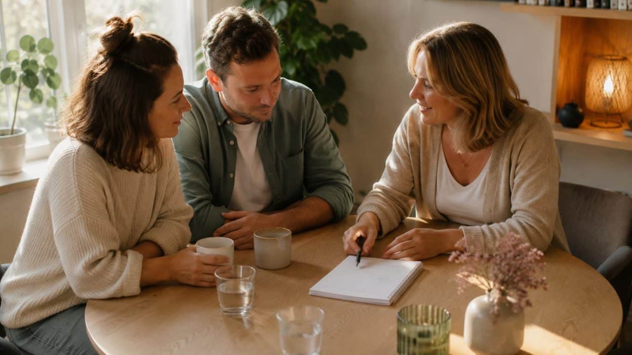 Relatiecoach zit naast een stel aan tafel tijdens een open gesprek over verbinding in de relatie