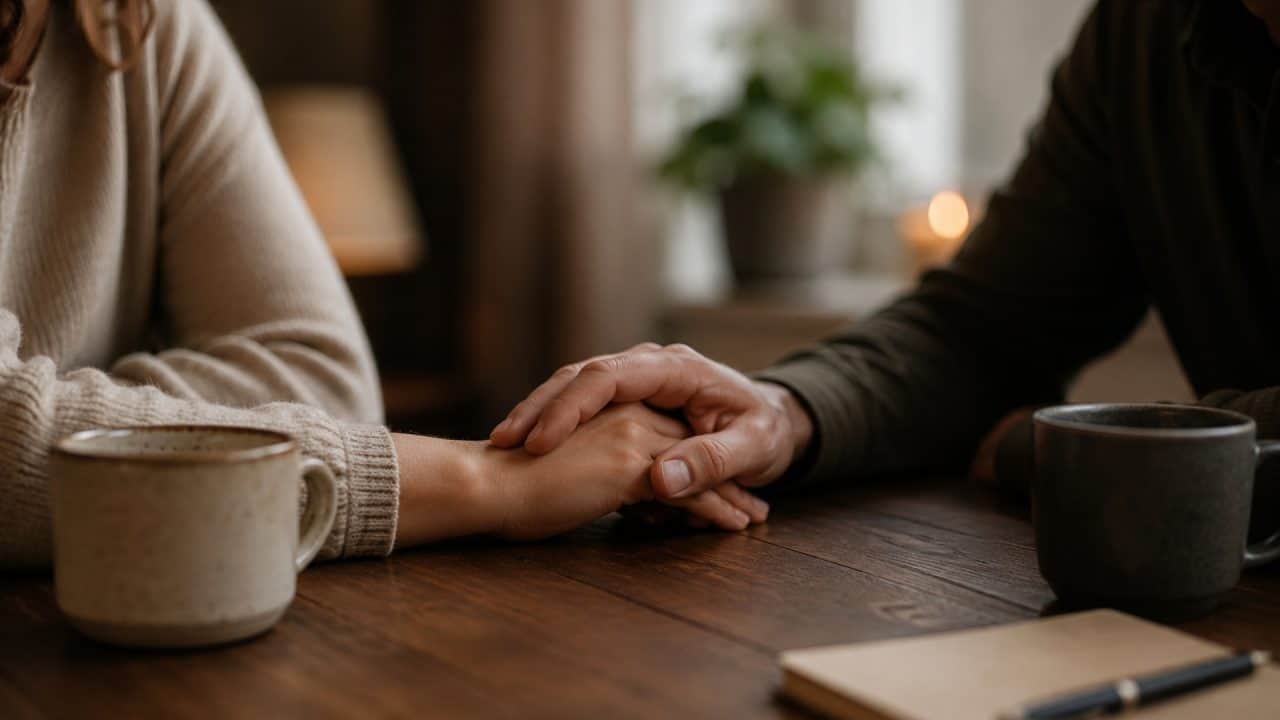 Partner legt voorzichtig een hand op die van de ander tijdens een rustig gesprek over relatieherstel.