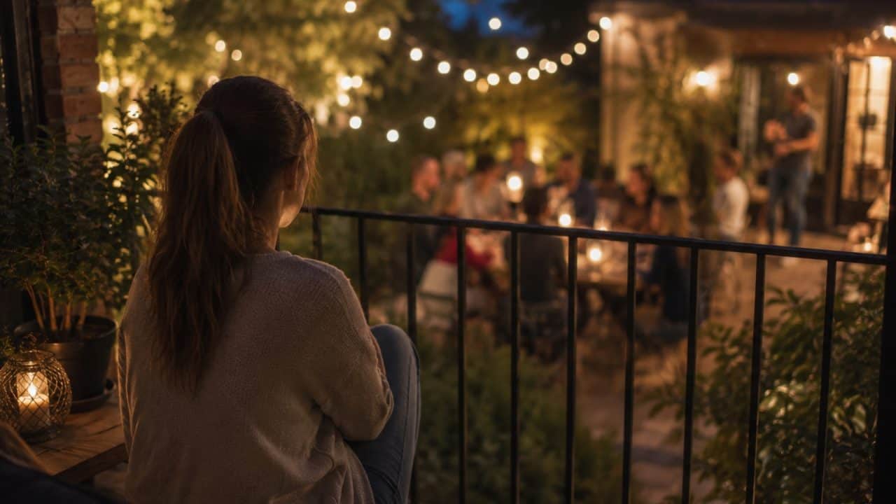 Persoon zit apart op een balkon tijdens een sociale bijeenkomst en observeert de groep op afstand door sociale vermoeidheid