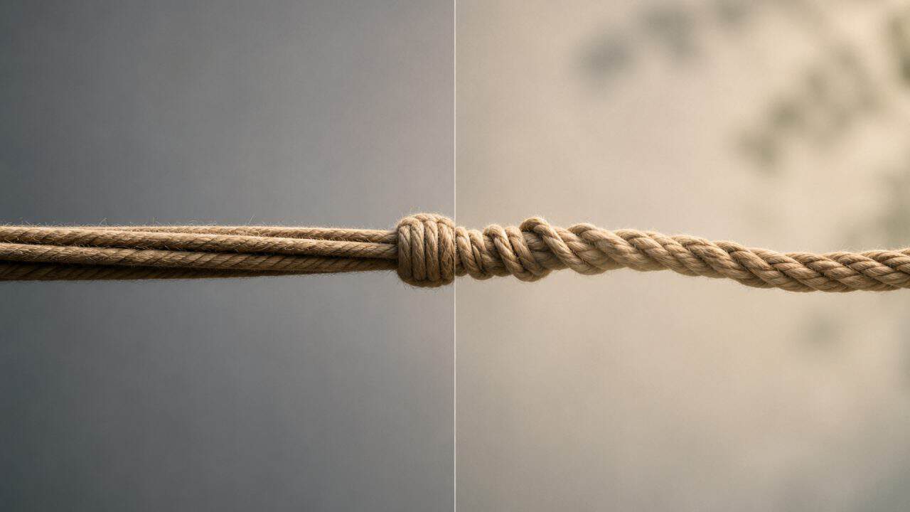 Minimalistisch beeld van gespannen touw dat ontspant als metafoor voor stressregulatie en ontspanning van het zenuwstelsel.