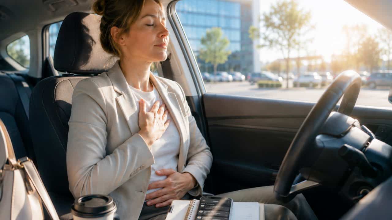 Persoon zit in geparkeerde auto voor werk en probeert bewust rustig te ademen bij stress