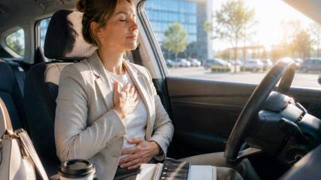 Persoon zit in geparkeerde auto voor werk en probeert bewust rustig te ademen bij stress