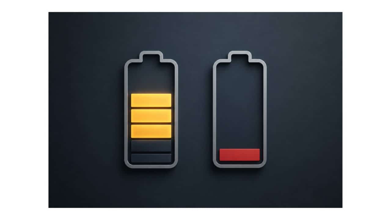 Minimalistische afbeelding van twee batterijpictogrammen waarbij één batterij deels gevuld is en de andere vrijwel leeg.