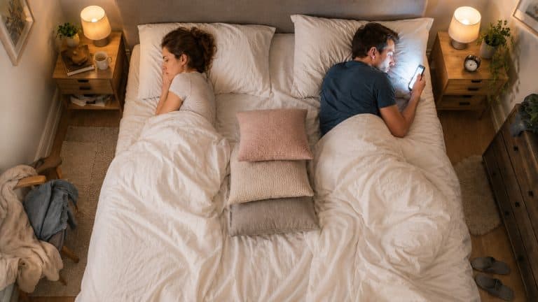 Stel ligt emotioneel afstandelijk in bed terwijl één partner op een telefoon kijkt