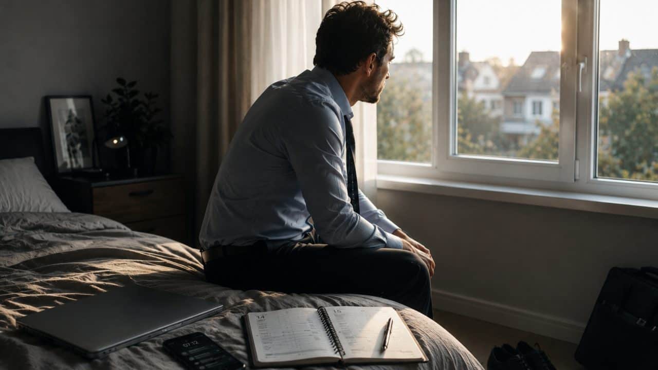 Persoon in werkkleding zit uitgeput op de rand van het bed en kijkt naar buiten terwijl een gesloten laptop naast hem ligt.