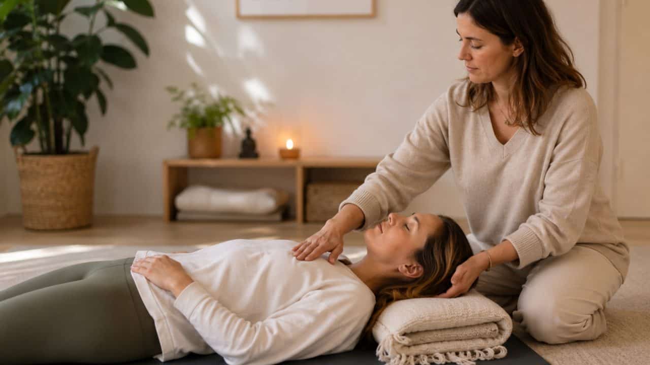 Ademcoach begeleidt een cliënt tijdens een ontspannings- en ademhalingsoefening op een yogamat.
