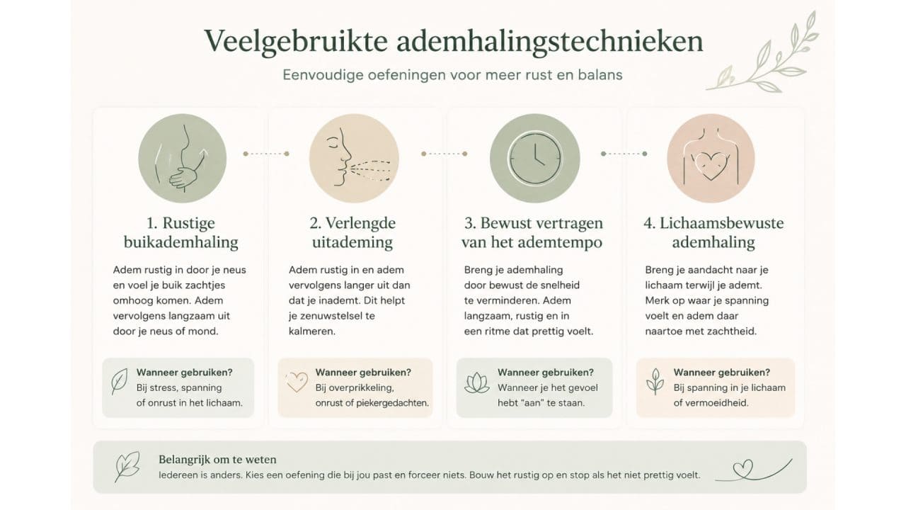 Infographic met veelgebruikte ademhalingstechnieken voor ontspanning en stressregulatie bij burnout.