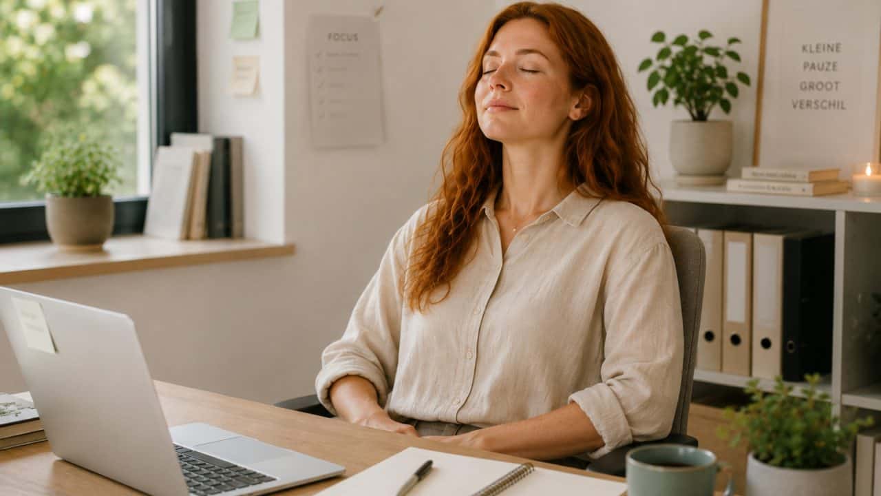 Persoon neemt tijdens het werk een korte adempauze achter een bureau om spanning te verminderen.