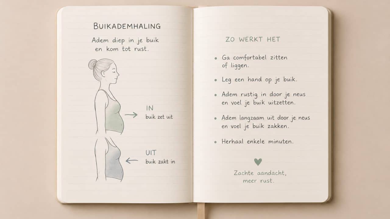 Illustratie van buikademhaling in een open notitieboek met eenvoudige uitleg en rustige kleuren.