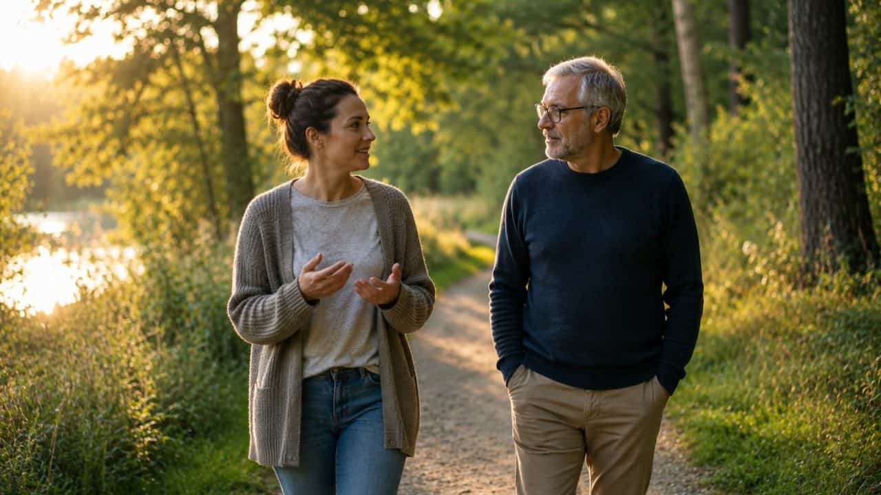 Coach en cliënt wandelen samen in de natuur tijdens een ontspannen gesprek over herstel van stress en burn-out.