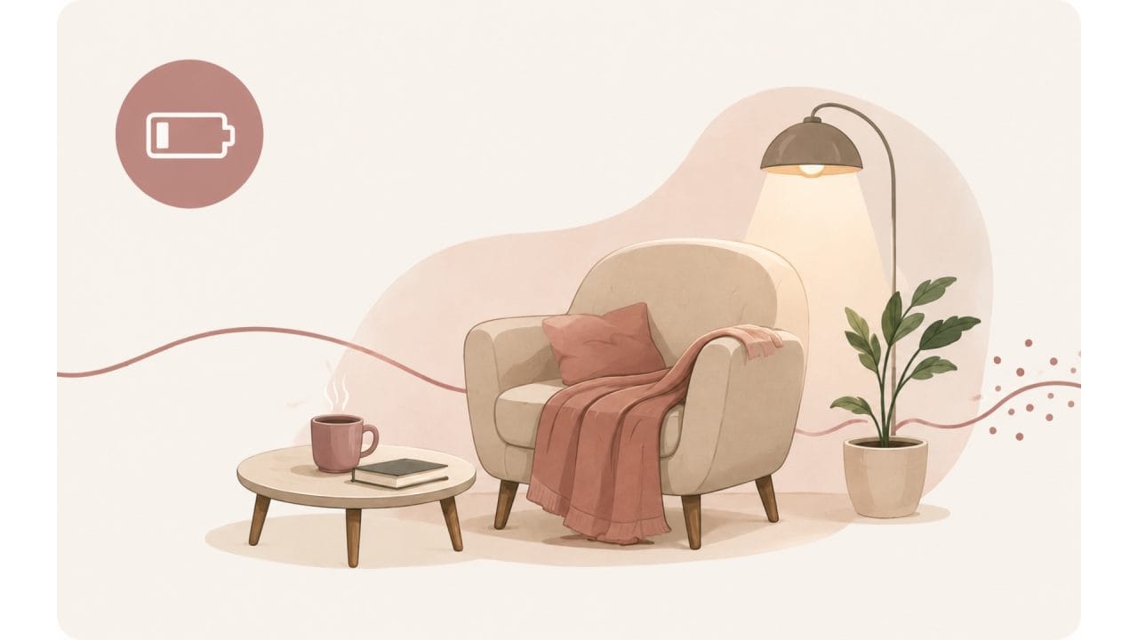 Illustratie van fase 1 van burn-out herstel met een lege batterij en een rustige zithoek die herstel en rust symboliseert.