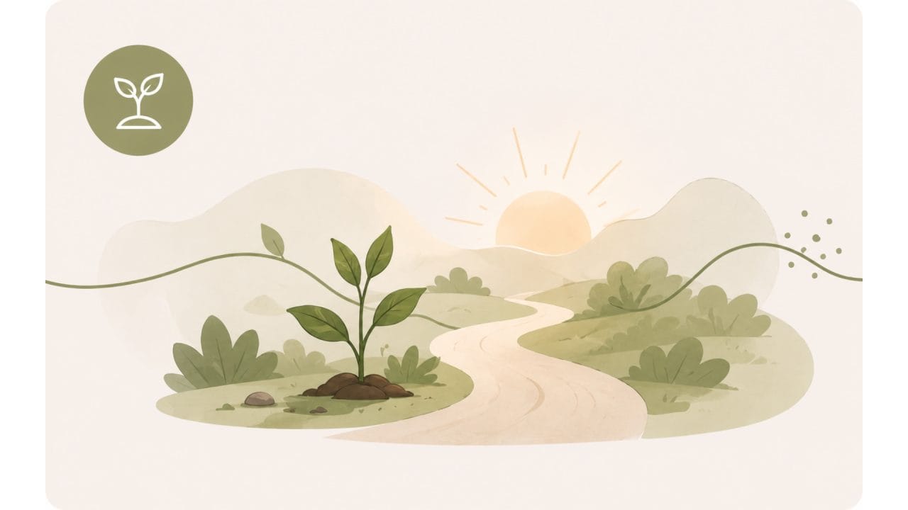 Illustratie van fase 2 van burn-out herstel met een jong plantje dat geleidelijk herstel en nieuwe energie symboliseert.