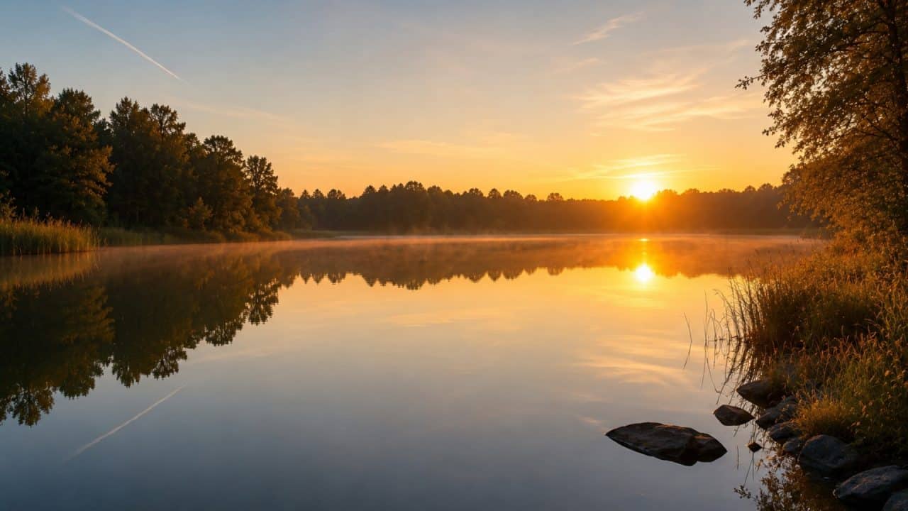 Spiegelglad meer tijdens zonsopkomst als symbool voor herstel en het hervinden van balans na langdurige stress.