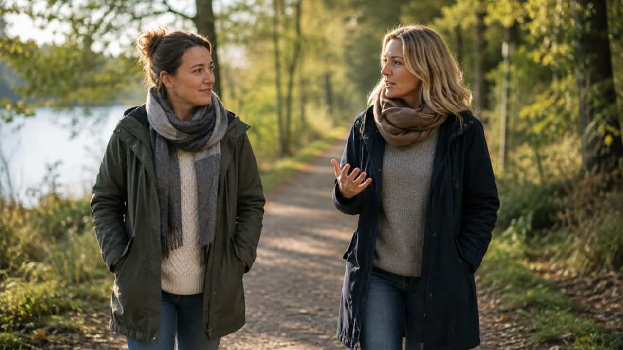Twee mensen wandelen ontspannen in de natuur terwijl één persoon aandachtig luistert als symbool voor coaching en reflectie.