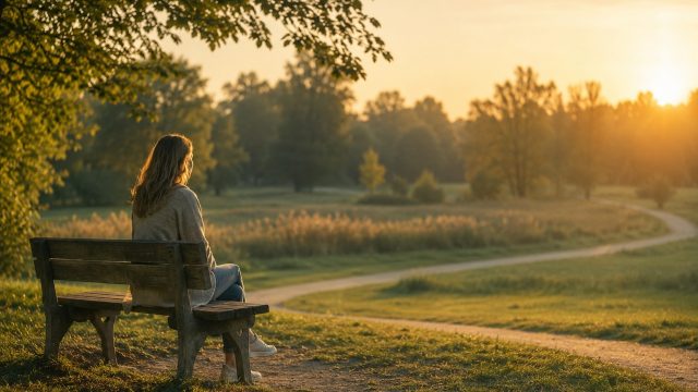 Persoon zit vermoeid maar rustig op een bankje in een park tijdens zonsopkomst, passend bij lichamelijke klachten bij een burn-out.