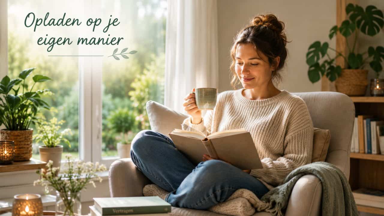 Persoon die thuis ontspannen een boek leest met een kop thee om tot rust te komen na een drukke dag.