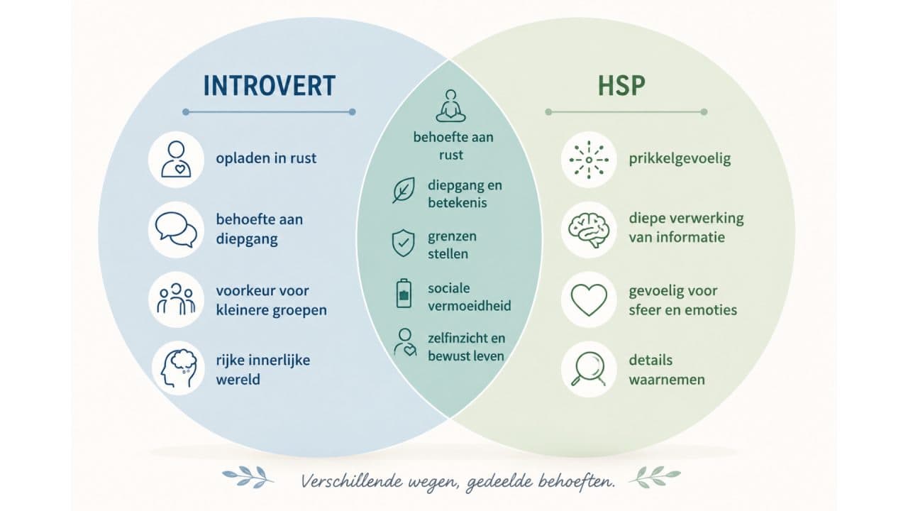 Venn-diagram dat de overeenkomsten en verschillen tussen hoogsensitieve mensen en introverte personen laat zien.