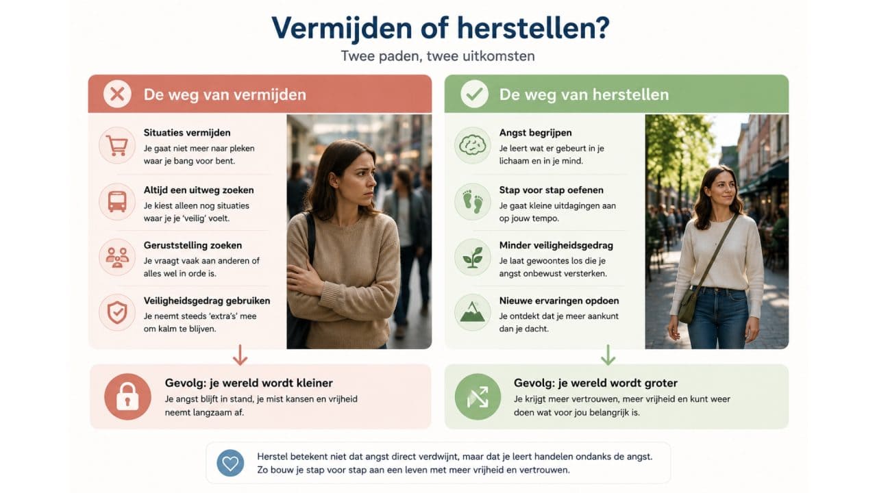 Vergelijking tussen vermijdingsgedrag en herstel bij paniekaanvallen, met de gevolgen van beide keuzes voor vertrouwen en vrijheid.